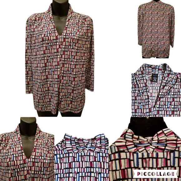 Rafaella Multi Color Black Burgundy Blue Geometric Subtle Puff 3/4 Sleeve Top M - Picture 7 of 10